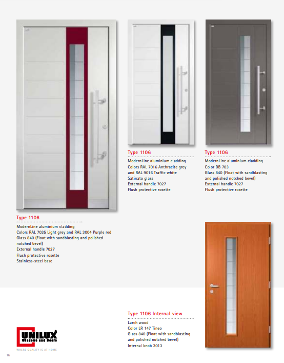 Type 1106 ModernLine – ModernLine Dual Color Aluminium Clad Entrance Door, Sandblasted Float Glass, Anti-Warp Steel Reinforced, Designer Stainless Steel Base, Top German Craftsmanship